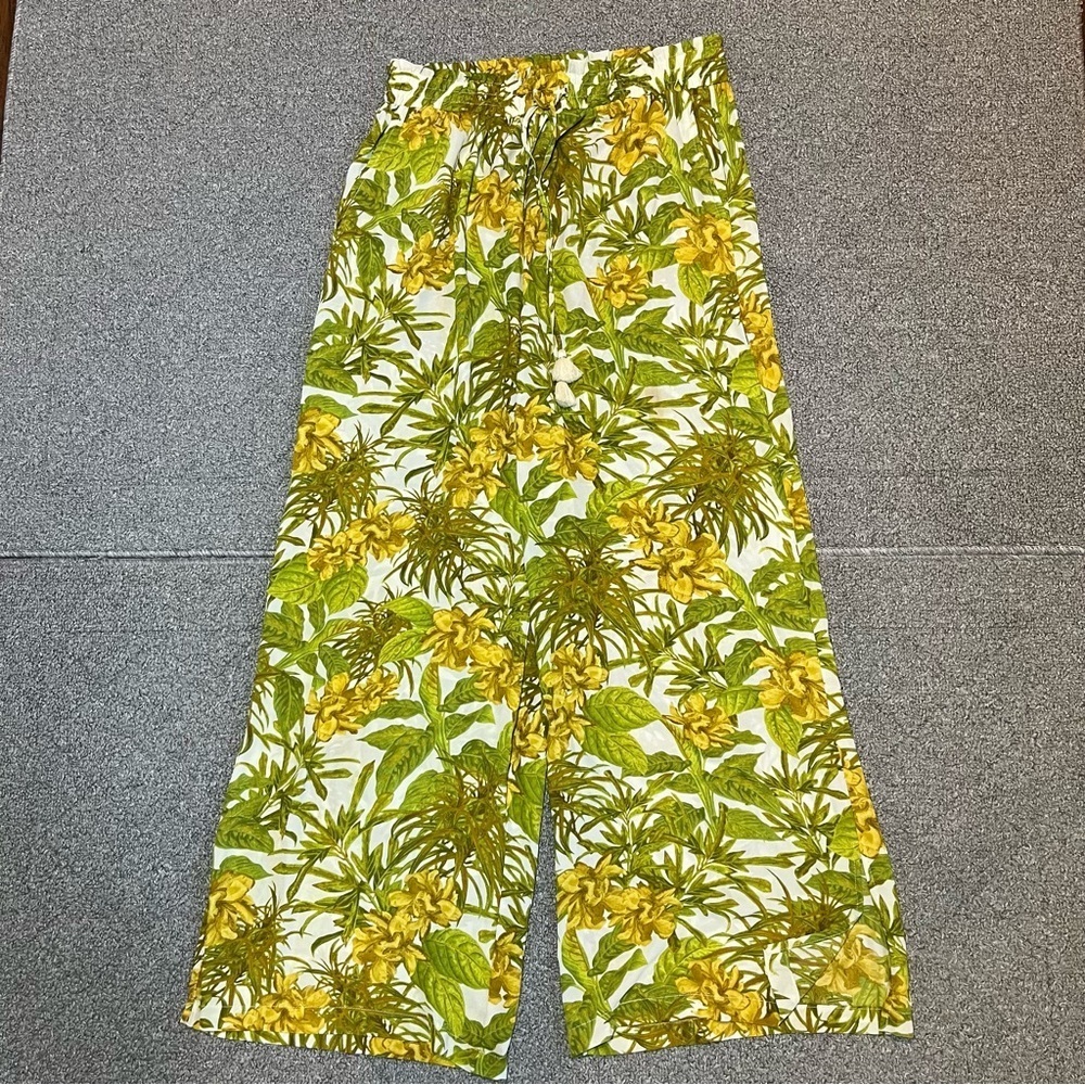 Rose & Olive Floral Sheer Wide Leg Pants Womens Size Medium Green Drawstring